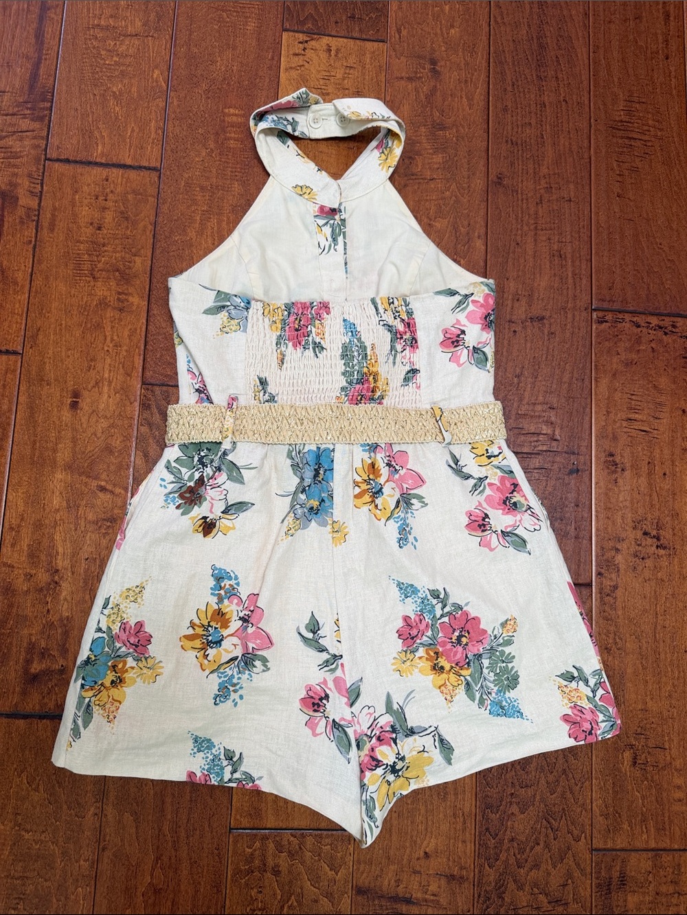 House of Harlow 1960 Cream Floral Halter Romper with Woven Belt - Picture 3 of 7